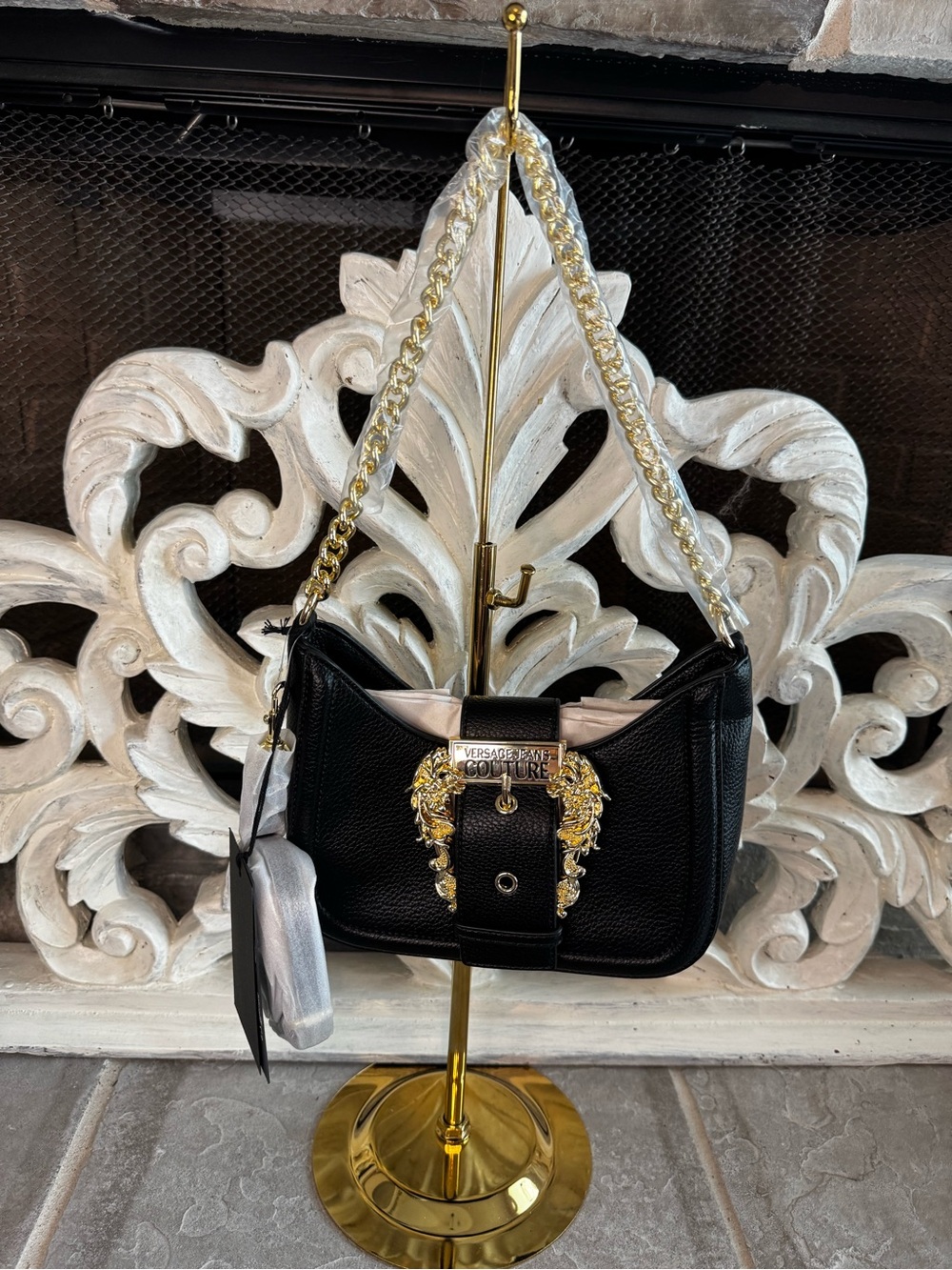 Versace Jeans Collection Black Leather Shoulder Bag with Gold Chain and COA